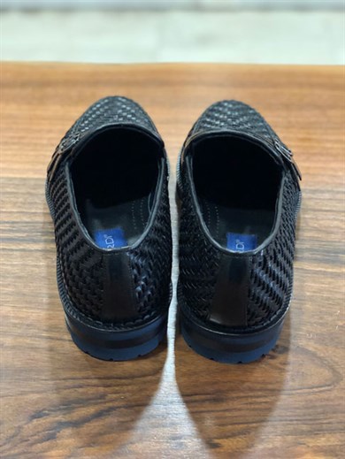 Hakiki Buffalo Deri Örgü Model Erkek Siyah Loafer Ayakkabı