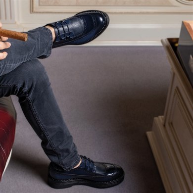İtalyan Stil Hakiki Geyik Derisi Klasik Lacivert Erkek Ayakkabı