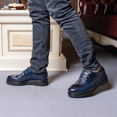 İtalyan Stil Hakiki Geyik Derisi Klasik Lacivert Erkek Ayakkabı