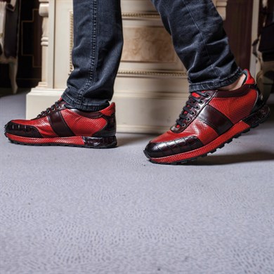 London Stil Hakiki Bufalo & Crocodile Derisi Handmade Kırmızı Erkek Casual Ayakkabı