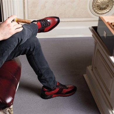 London Stil Hakiki Bufalo & Crocodile Derisi Handmade Kırmızı Erkek Casual Ayakkabı